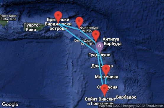 Маршрут на круиз 7 дни Гваделупа, Вирджински острови (Великобритания), Холандски Антили, Антигуа и Барбуда, Сейнт Винсент и Гренадини, Мартиника - PTP07123