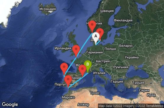 Маршрут на круиз 11 дни Германия, Дания, Норвегия, Франция, Испания - KEL11029