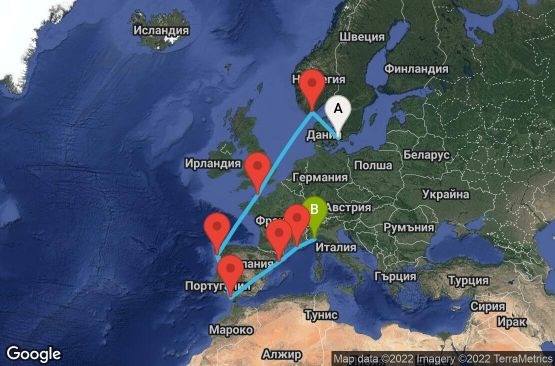 Маршрут на круиз 11 дни Дания, Норвегия, Франция, Испания, Италия - CPH11144