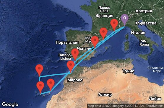Маршрут на круиз 14 дни Италия, Испания, Португалия, Мароко, Франция - SVN14127