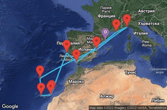 Маршрут на круиз 15 дни Испания, Франция, Италия, Португалия - BCN15022
