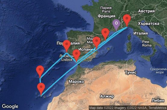 Маршрут на круиз 13 дни Франция, Италия, Испания, Португалия - MRS13061