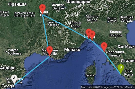 Маршрут на круиз 7 дни Испания, Франция, Италия - 07M684