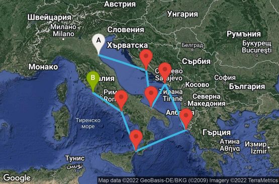 Маршрут на круиз 7 дни Италия, Хърватска, Гърция - 07M690