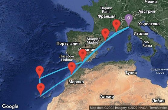 Маршрут на круиз 11 дни Италия, Испания, Мароко, Португалия, Франция - UP4O
