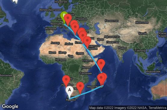 Маршрут на круиз 34 дни Южна Африка, Намибия, Реюнион, Мавриций, Сейшелски острови, Саудитска Арабия, Египет, Гърция, Хърватска, Италия - UP8R