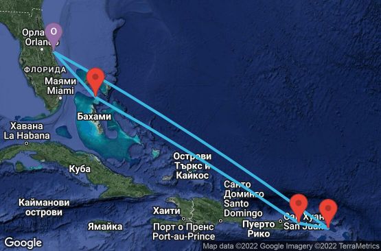 Маршрут на круиз 7 дни САЩ, Бахамските острови, Вирджински острови (САЩ), Холандски Антили - 07E339