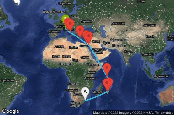 Маршрут на круиз 25 дни Южна Африка, Реюнион, Мавриций, Сейшелски острови, Йордания, Египет, Гърция, Италия - UP8P