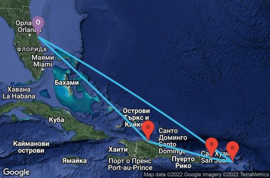 Маршрут на круиз 7 дни САЩ, Доминиканска република, Вирджински острови (САЩ), Холандски Антили - 07E340
