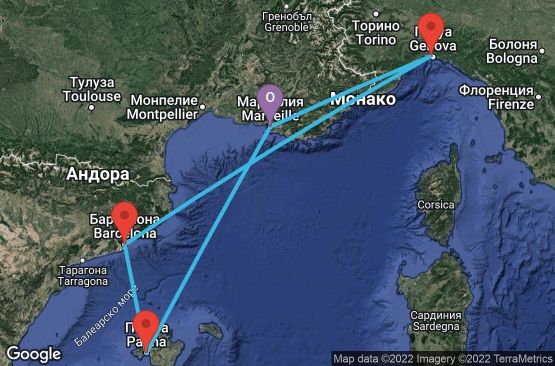 Маршрут на круиз 4 дни Франция, Испания, Италия - UPAC