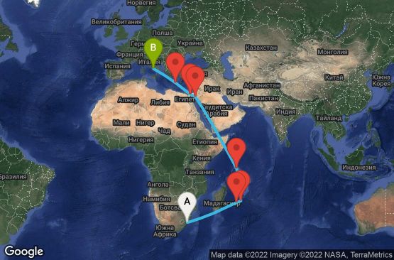 Маршрут на круиз 23 дни Южна Африка, Реюнион, Мавриций, Сейшелски острови, Йордания, Египет, Гърция, Италия - UP8Q