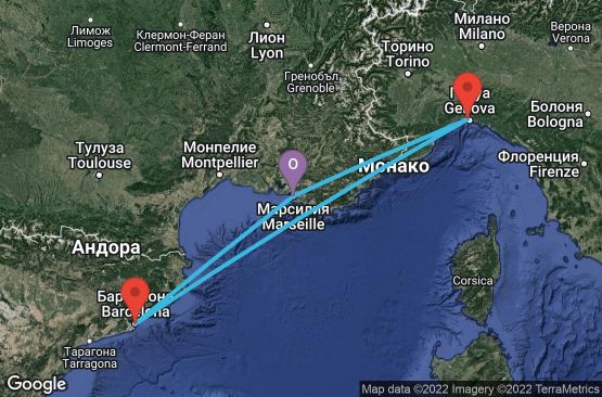 Маршрут на круиз 4 дни Франция, Испания, Италия - UPAJ