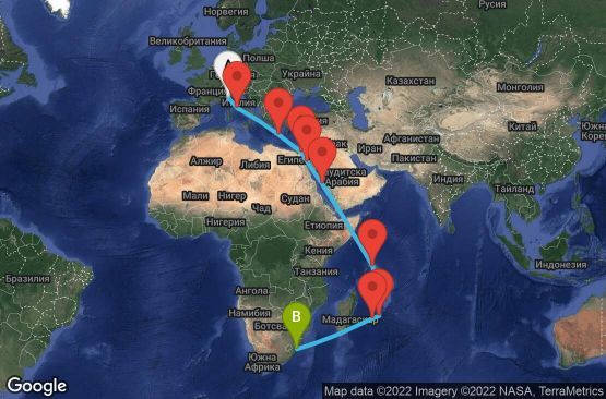 Маршрут на круиз 25 дни Италия, Гърция, Египет, Саудитска Арабия, Сейшелски острови, Мавриций, Реюнион, Южна Африка - UP31