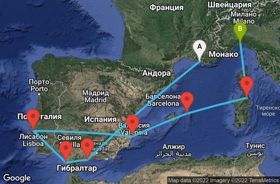 Маршрут на круиз 9 дни Франция, Испания, Португалия, Италия - UP7G
