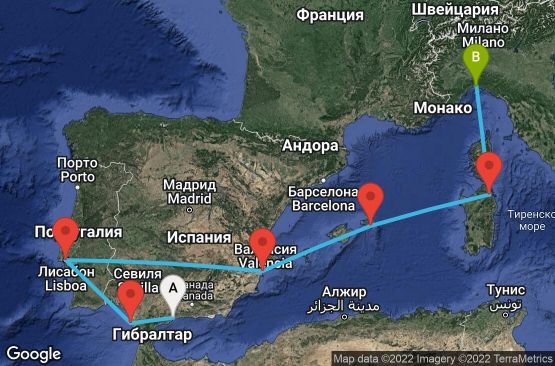 Маршрут на круиз 7 дни Испания, Португалия, Италия - UP7H