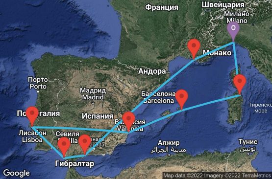 Маршрут на круиз 10 дни Италия, Франция, Испания, Португалия - UP79