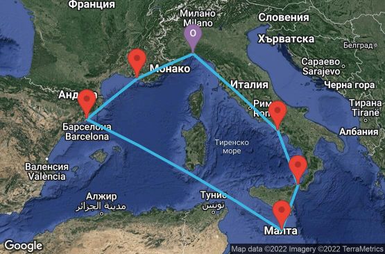 Маршрут на круиз 7 дни Италия, Малта, Испания, Франция - UMQT