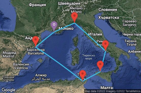 Маршрут на круиз 7 дни Франция, Испания, Тунис, Италия - UOM5