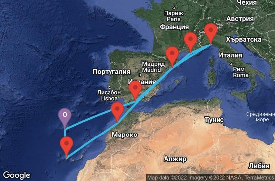 Маршрут на круиз 11 дни Португалия, Испания, Франция, Италия, Мароко - UP6I