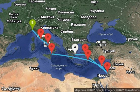 Маршрут на круиз 10 дни Гърция, Турция, Израел, Кипър, Италия - UOH7