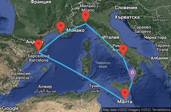 Маршрут на круиз 7 дни Италия, Малта, Испания, Франция - UMR2