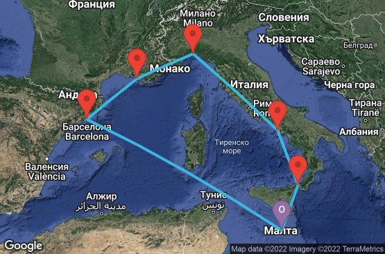 Маршрут на круиз 7 дни Малта, Испания, Франция, Италия - UMS2