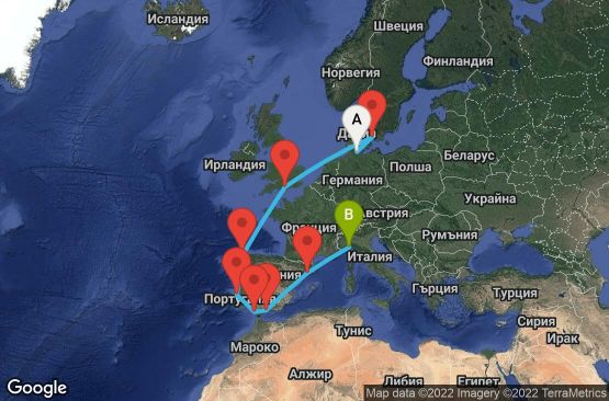 Маршрут на круиз 12 дни Германия, Дания, Великобритания, Испания, Португалия, Италия - UN3G