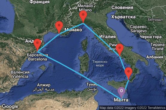 Маршрут на круиз 7 дни Малта, Испания, Франция, Италия - UMR3