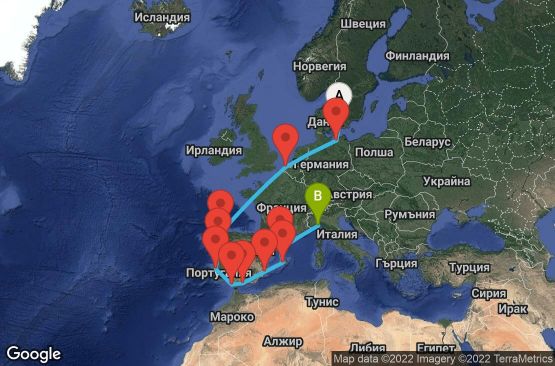 Маршрут на круиз 14 дни Дания, Германия, Белгия, Испания, Португалия, Италия - UNAC