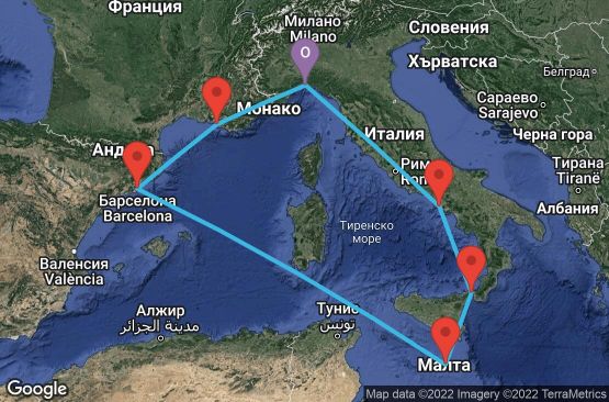 Маршрут на круиз 7 дни Италия, Малта, Испания, Франция - UMQZ
