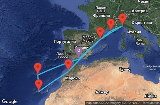 Маршрут на круиз 11 дни Испания, Франция, Италия, Мароко, Португалия - UP6J