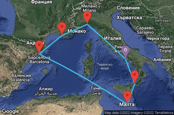 Маршрут на круиз 7 дни Италия, Малта, Испания, Франция - UMTE