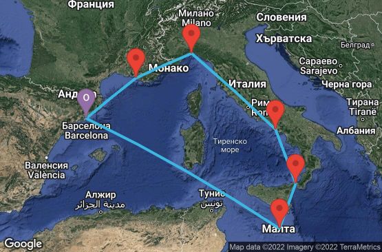 Маршрут на круиз 7 дни Испания, Франция, Италия, Малта - UMS3