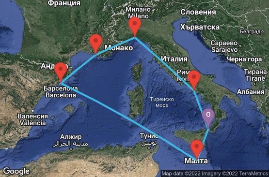 Маршрут на круиз 7 дни Италия, Малта, Испания, Франция - UMSQ