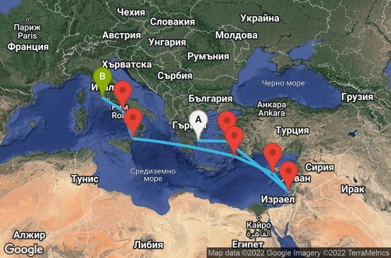 Маршрут на круиз 9 дни Гърция, Турция, Израел, Кипър, Италия - UOHS