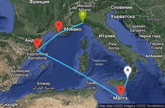 Маршрут на круиз 5 дни Италия, Малта, Испания, Франция - UHAA