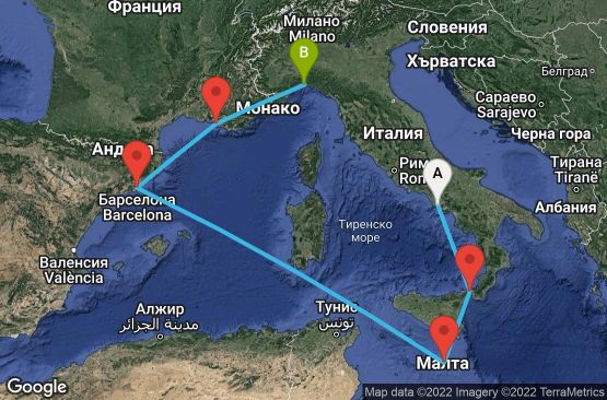 Маршрут на круиз 6 дни Италия, Малта, Испания, Франция - UMUI