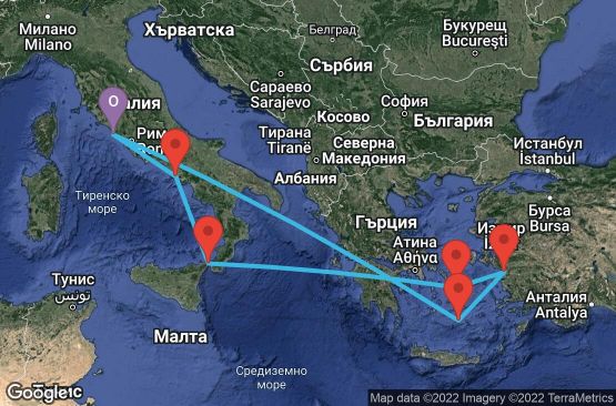 Маршрут на круиз 8 дни Италия, Гърция, Турция - 08M144