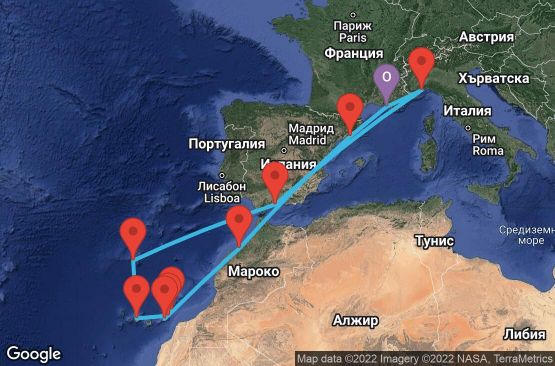 Маршрут на круиз 14 дни Франция, Испания, Мароко, Португалия, Италия - MRS14092
