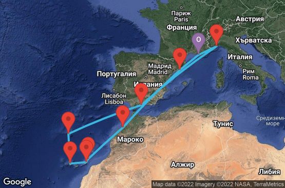 Маршрут на круиз 14 дни Франция, Испания, Мароко, Португалия, Италия - MRS14093