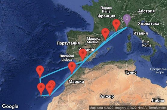 Маршрут на круиз 14 дни Италия, Франция, Испания, Мароко, Португалия - SVN14138