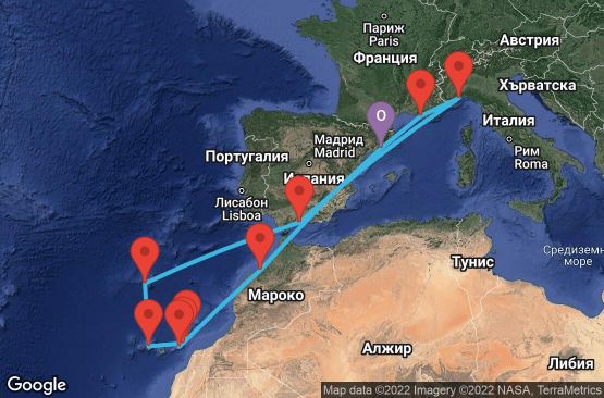 Маршрут на круиз 14 дни Испания, Мароко, Португалия, Италия, Франция - BCN14100