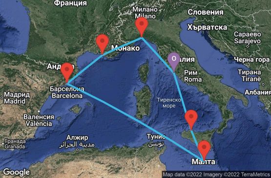 Маршрут на круиз 7 дни Италия, Малта, Испания, Франция - UPHH
