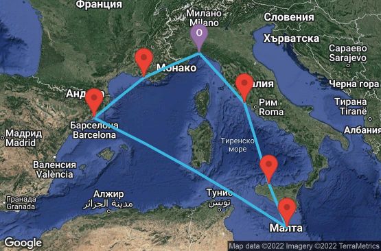 Маршрут на круиз 7 дни Италия, Малта, Испания, Франция - UPHS
