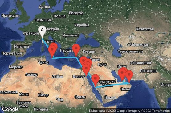 Маршрут на круиз 21 дни Италия, Малта, Гърция, Египет, Йордания, Саудитска Арабия, Оман, Обединени арабски емирства - UPF6