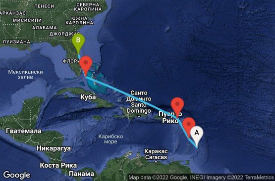 Маршрут на круиз 6 дни Барбадос, Мартиника, Холандски Антили, Бахамските острови, САЩ - UPEY