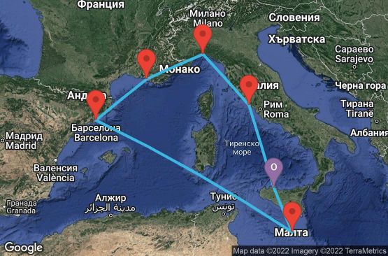 Маршрут на круиз 7 дни Италия, Малта, Испания, Франция - UPHU