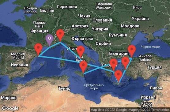 Маршрут на круиз 14 дни Франция, Италия, Турция, Гърция, Испания - MRS14094