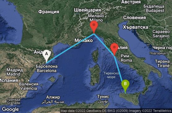 Маршрут на круиз 3 дни Испания, Италия - UPHR