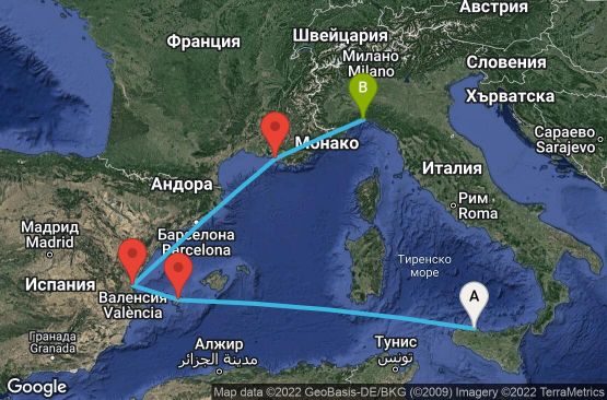 Маршрут на круиз 5 дни Италия, Испания, Франция - UP1F